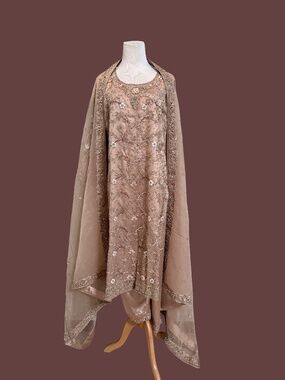 ✨ Champagne Silk Georgette Salwar Kurta Set | Zardoshi Work | 3-Piece ✨